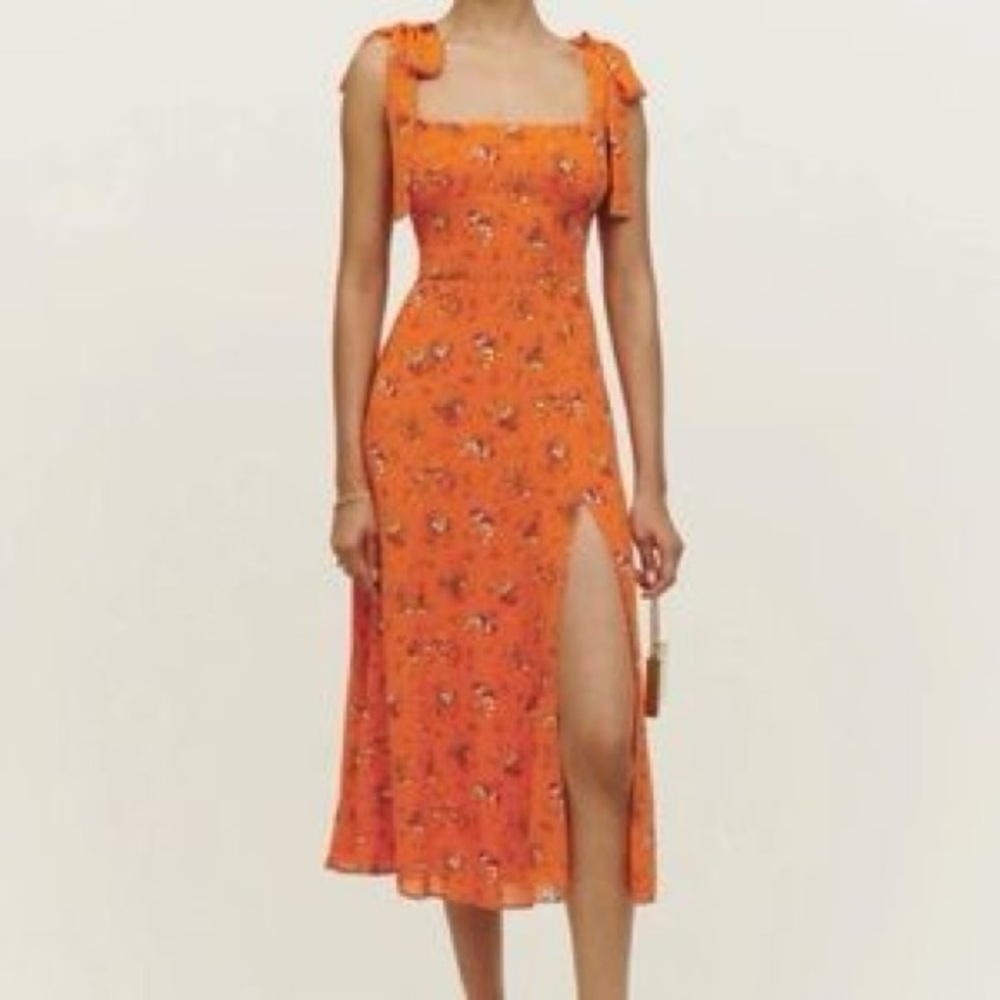 Reformation Bright Orange Floral Midi Dress